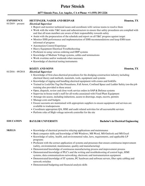 electrical supervisor resume.